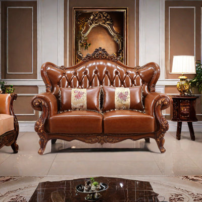 Solid Wood Double-sided Carved Leather Sofa 64.96'' Genuine Leather Rolled Arm Loveseat -  FURNITURE LEISURE, INC., XJY5J450APB