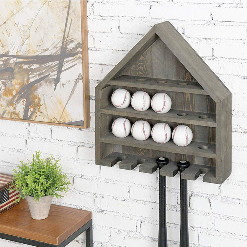 Wall Mounted Solid Wood Rack for Baseball Bat Gear Storage and Display Shelf