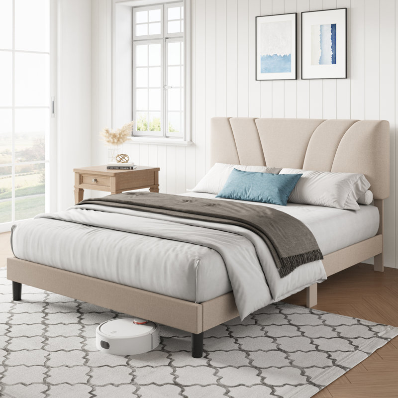 Lit plateforme tapissier Nihal avec tête de lit réglable, Gris, Double
