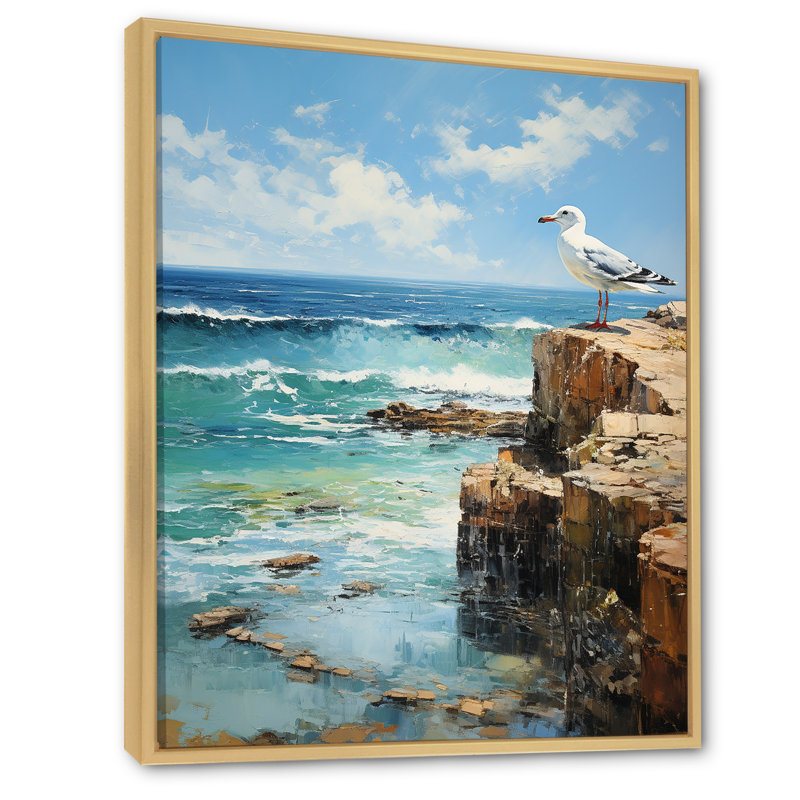 «Seagulls Perch Horizon I» - art mural fenêtres côtières, Cadre flottant brun, H 32 po x l 16 po x P 1 po