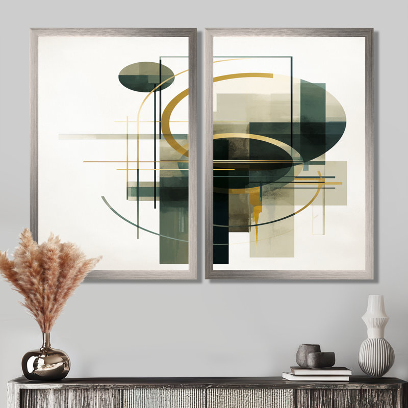 «Emerald Gold Retro Geometrics - Minimalisme, art sur toile, art abstrait vert 2 panneaux, H 36 po x l 48 po, Argent argent