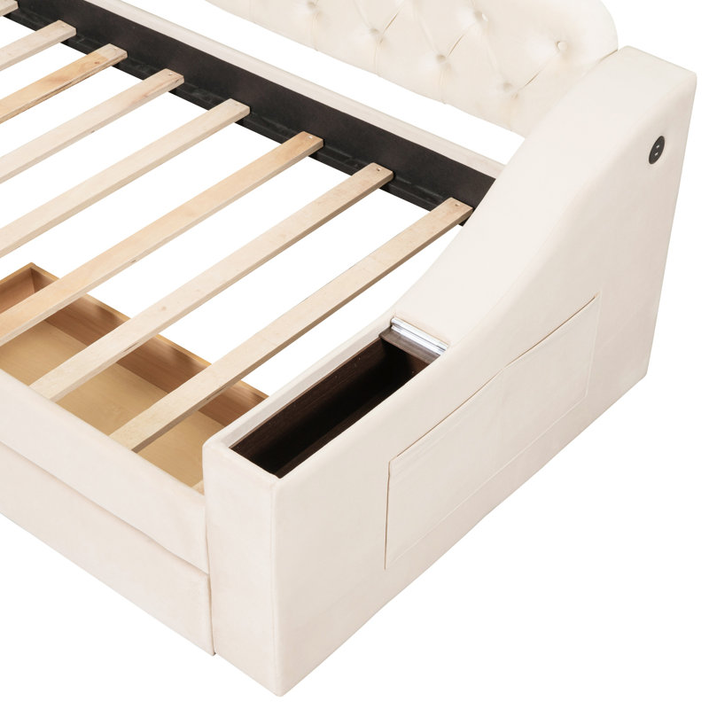 Lit de jour simple avec rangement pour accoudoirs et tissu d'ameublement beige