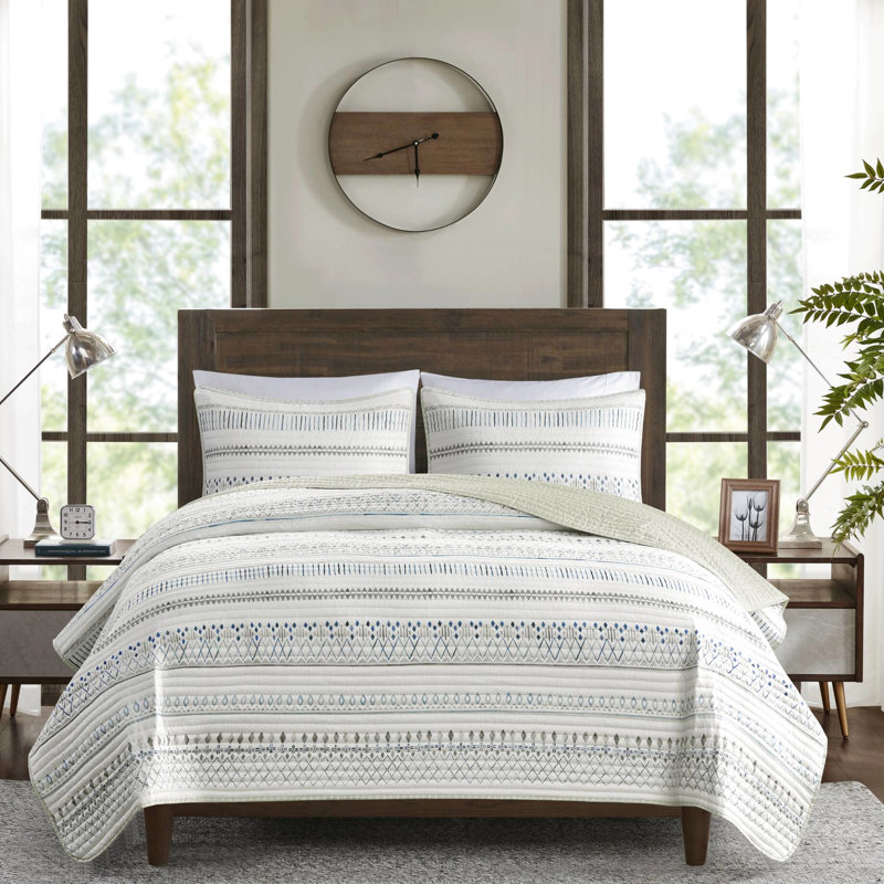 Courtepointe double / grand en microfibre en seersucker, taupe / bleu, avec motif géométrique à losanges