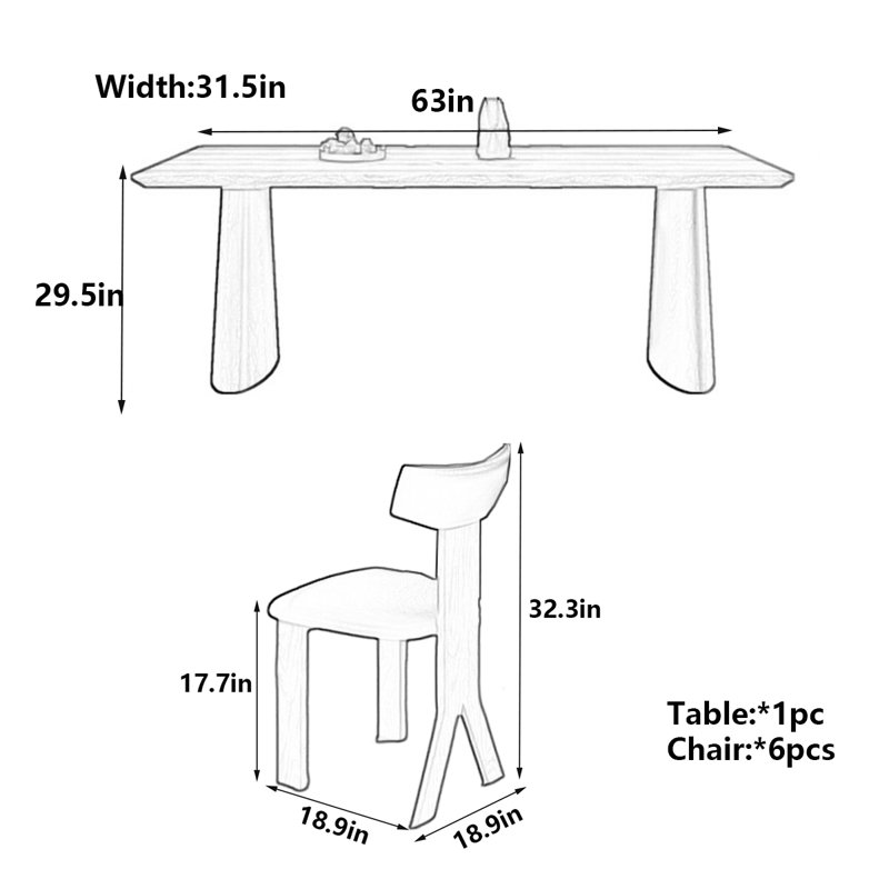 Table épaisse à bords arrondis et pieds en bois, H 29,5 po x L 63 po x l 31,5 po