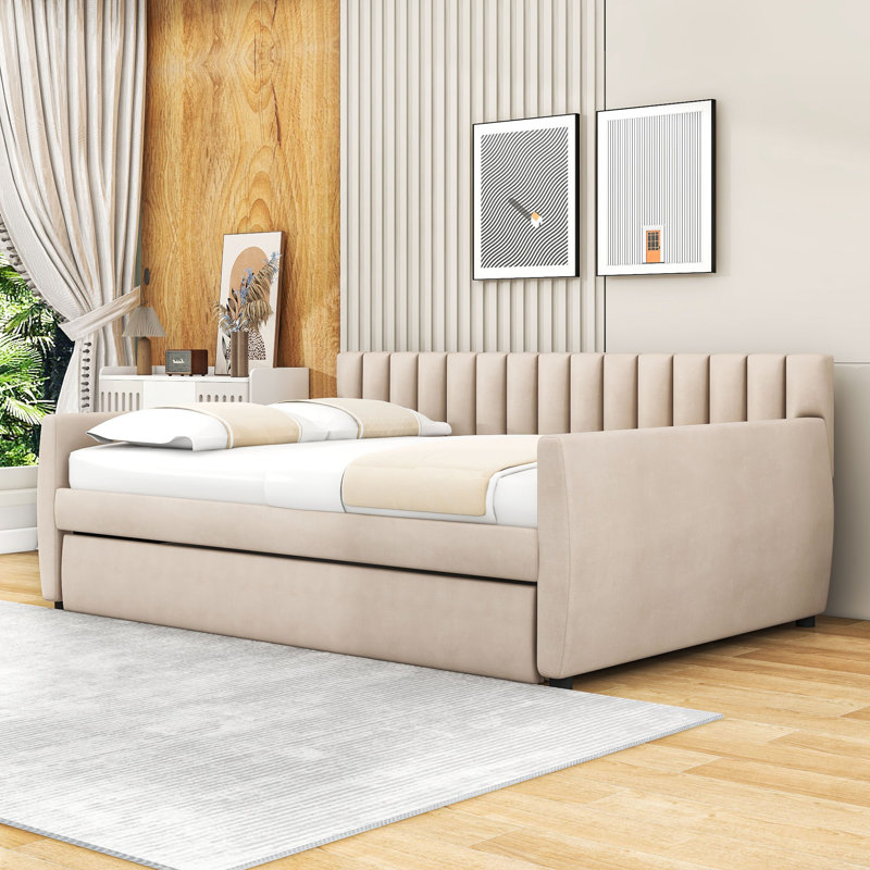 Margos Full Size Upholstered Daybed with Twin Size Trundle, Beige