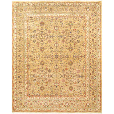 Tabriz Oriental Hand-Knotted Wool/Silk Beige/Rust/Navy Area Rug