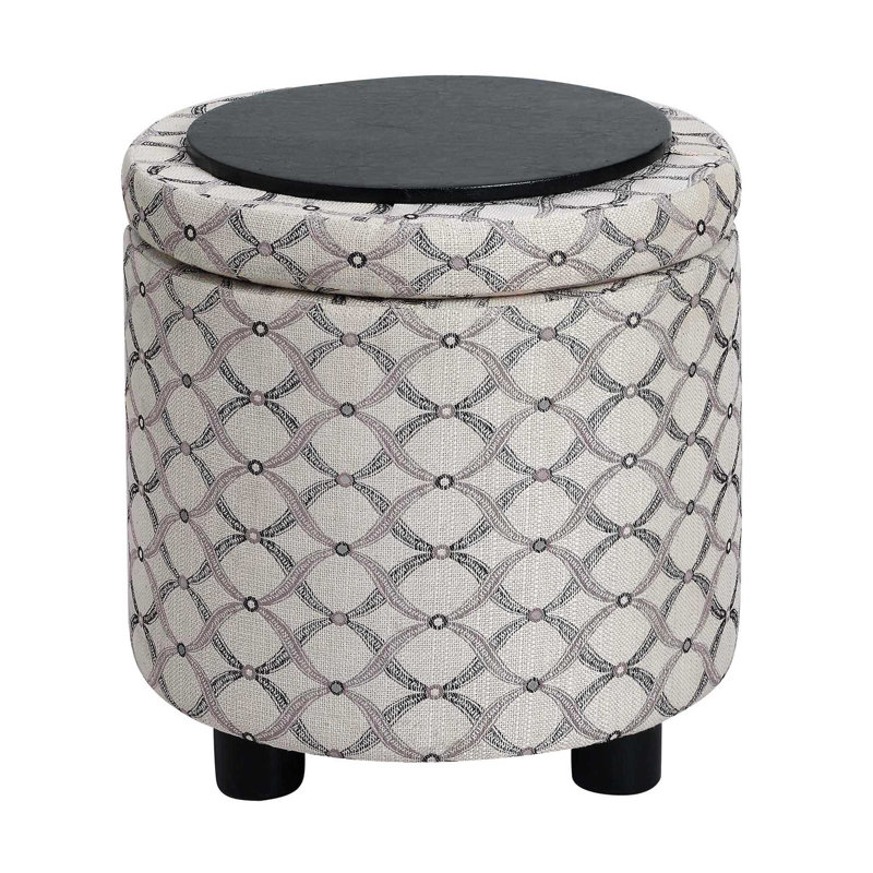 Ahl Arsy 15.75'' Wide Fabric Round Storage Ottoman with Reversible Tray Lid, Beige Ribbon Polyester/Linen Blend
