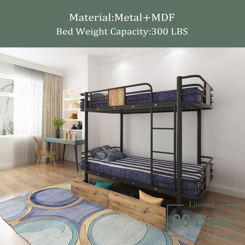 Orelia Kids Extra Long Twin Over Extra Long Twin Bunk Bed with Drawers, Black