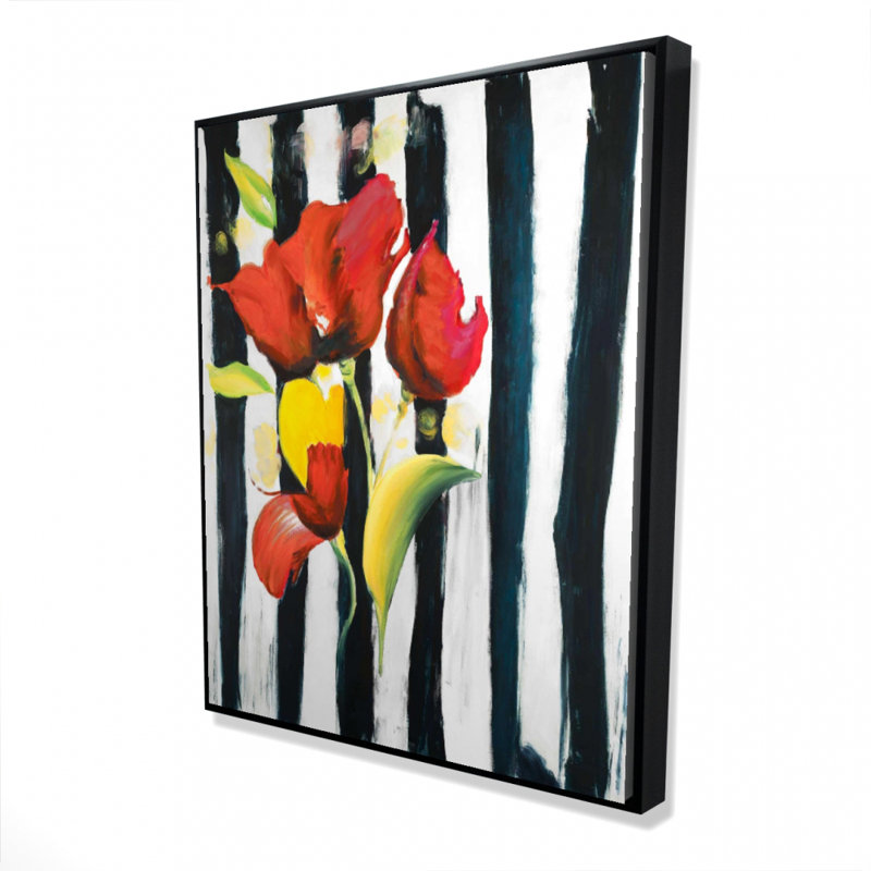 Red Flowers On Stripes Print On Canvas, H 60 po x l 48 po