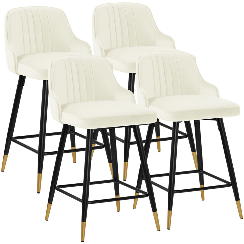 Swivel Velvet Upholstered Counter & Bar Stool With Solid Metal Frame, White, Counter Stool (65cm Seat Height), 2