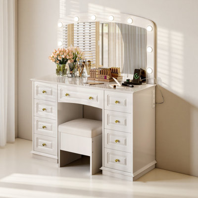 Coiffeuse luxueuse avec 10 ampoules Hollywood, 3 modes d'éclairage couleur, une coiffeuse classique avec tabouret rembourré et 9 tiroirs de rangement