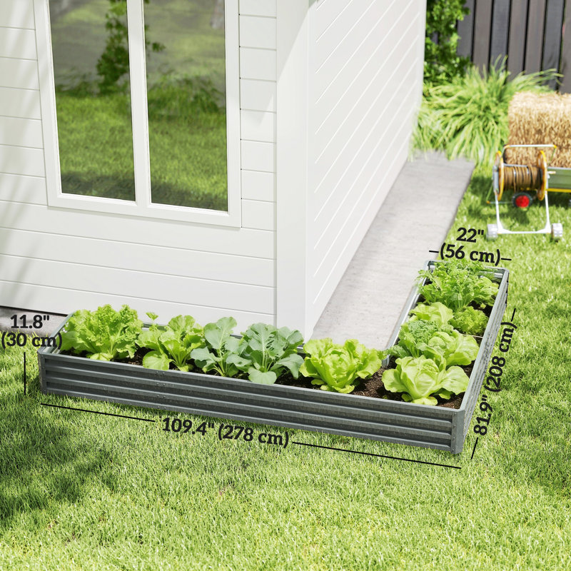 L-Shaped Raised Garden Bed Galvanized Steel Planter Box Light Grey, Grey