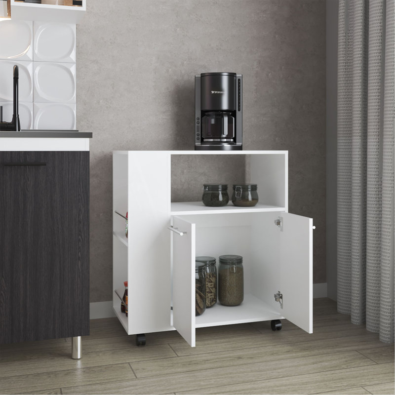 Linden Kitchen Cart With Microwave Shelf. Open Storage. And Two-Door Cabinet., White
