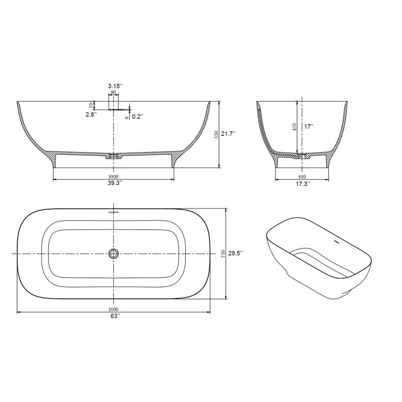63'' x 29.5'' Freestanding Soaking Solid Surface Bathtub