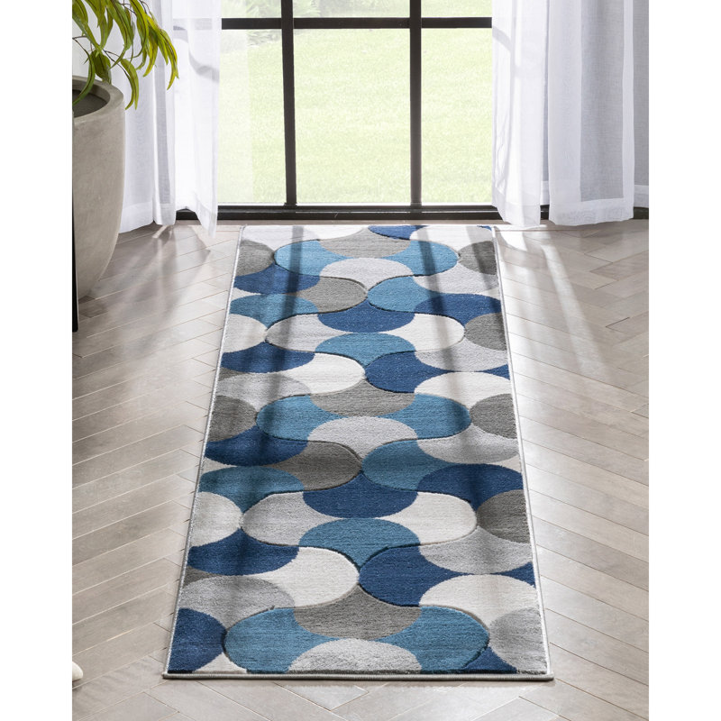 Tapis géométrique rectangulaire bleu en polypropylène tressé à la machine, Tapis de couloir 2 pi 7 po x 7 pi 3 po
