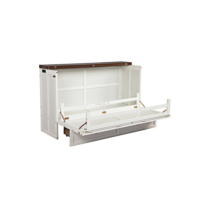 Armoire lit escamotable avec tiroir de rangement et station de charge Murphy, Grand, Blanc / noyer