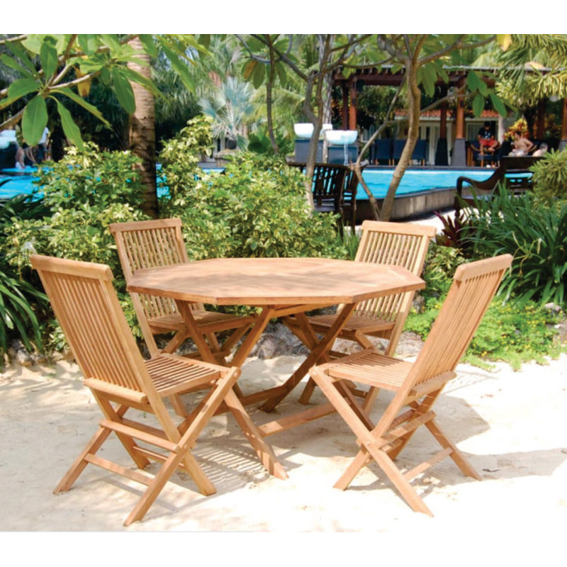 Teak Octagonal 4-Person Outdoor Dining Set with Folding Chairs