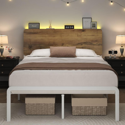 Metal Platform Bed, with LED Storage Headboard