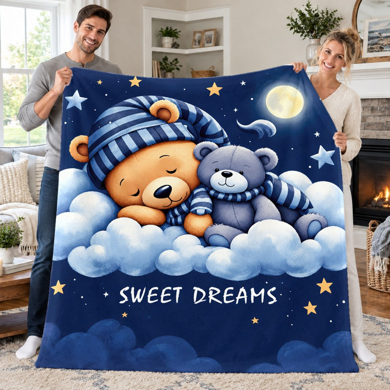 1pc Cute Teddy Bear Clouds Moon Stars Blanket, Cartoon Bear Sleepy Design Flannel Throw, Super Soft Cozy Lightweight Warm Blanket for Sofa Bed Living Room Dorm Office Travel, Home Decor All‑Season Blanket, Machine Washable, Holiday Gift