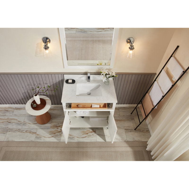 36" Solid Wood Sink Vanity With 1' Artificial Stone Top, Polished Chrome, White