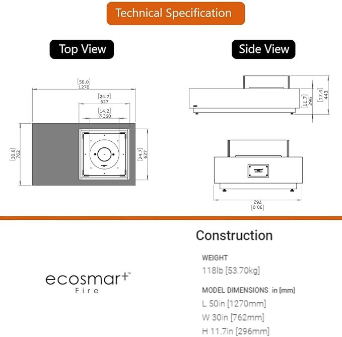 Ecosmart - Manhattan 50, tables de foyer d'extérieur, graphite, brûleur en acier inoxydable à gaz Lp / ng - Esf., Graphite