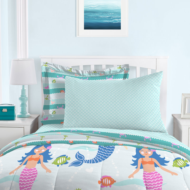 Mermaid Dreams Twin Blue Microfiber Bed in a Bag Set