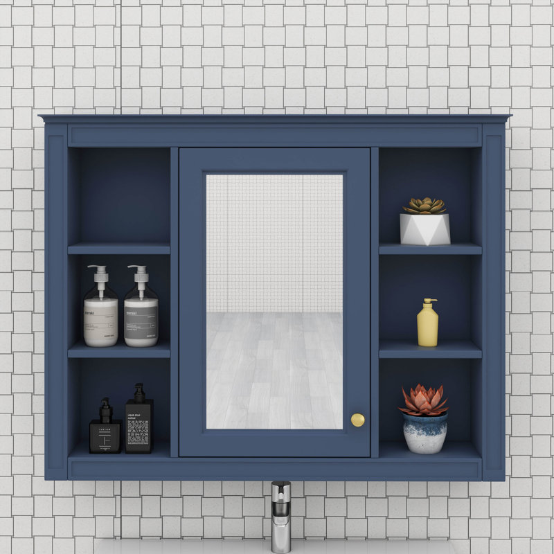 Armoire à pharmacie murale avec miroir, 6 tablettes ouvertes, Bleu