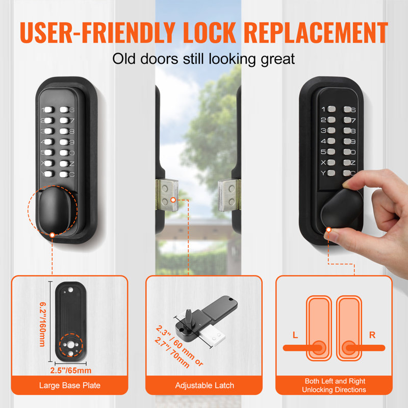Mechanical Keyless Entry Door Lock, 14 Digit Keypad, Outdoor Gate Door Locks Set with Surface-mounted Latch, Water-proof Zinc Alloy, Keypad and Knob, Easy to Install, Garage, Yard, Designed for Garden