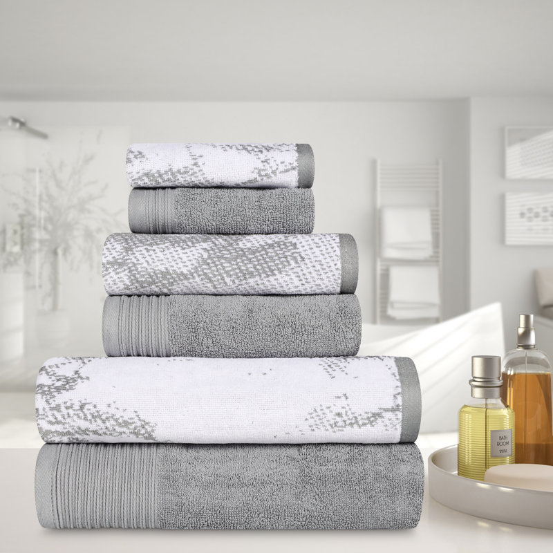 Kreager 500 GSM 100% Cotton Quick-Drying 6 Piece Marble & Solid Assorted Towel Set, Gray, 6 Piece Towel Set