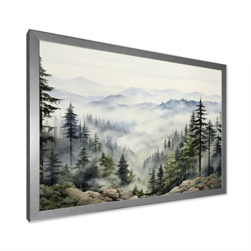 «Pine Tree Misty Mountain I», art sur toile de pin, H 30 po x l 40 po, Cadre photo unique, Argent argent