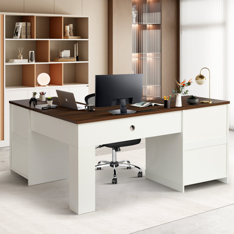 60" Executive L Shaped Desk With Drawers, Farmhouse Home Office Desk With Charging Station, Wood Corner Computer Desk With File Cabinet,