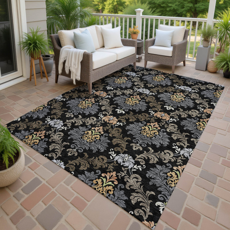 Machine Washable Indoor/Outdoor Chantille ACN2544 Damask Rug, 9' x 12', Black