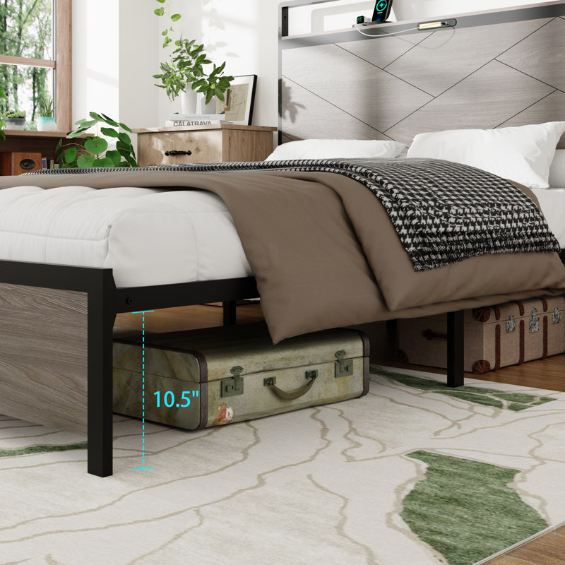 Industrial Platform Bed with USB Charging Station and LED Light, Wood Bed Frame with Headboard and Underbed Storage, Weight Capacity 800 lbs, No Box Spring Needed, Antique Grey, Full