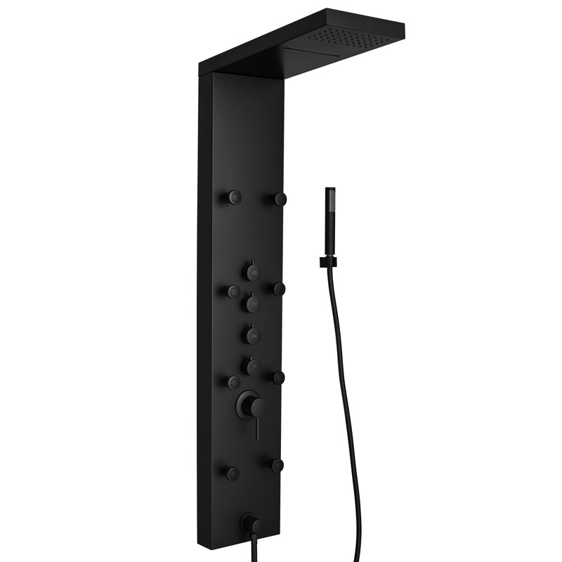 Système de panneau de tour de douche à inverseur 4 voies avec pomme de douche et main de douche en nickel brossé, Noir mat