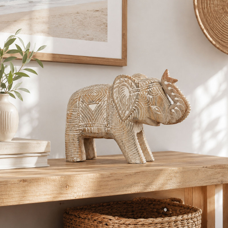 Hand Carved Mango Wood Elephant Sculpture Decor