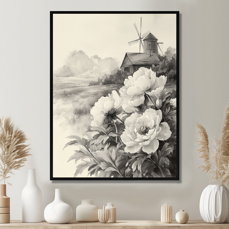 Art mural Eckhoff, pivoines et moulin à vent II - pivoines, H 32 po x l 24 po, Reproduction avec cadre flottant, Noir