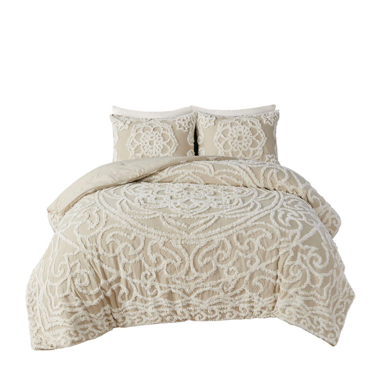 Viola Taupe Full/Queen Cotton Chenille Damask Duvet Set