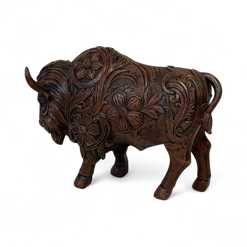 Tooled Flower Bison Brown Rustic Southwestern Decorative Sculpture