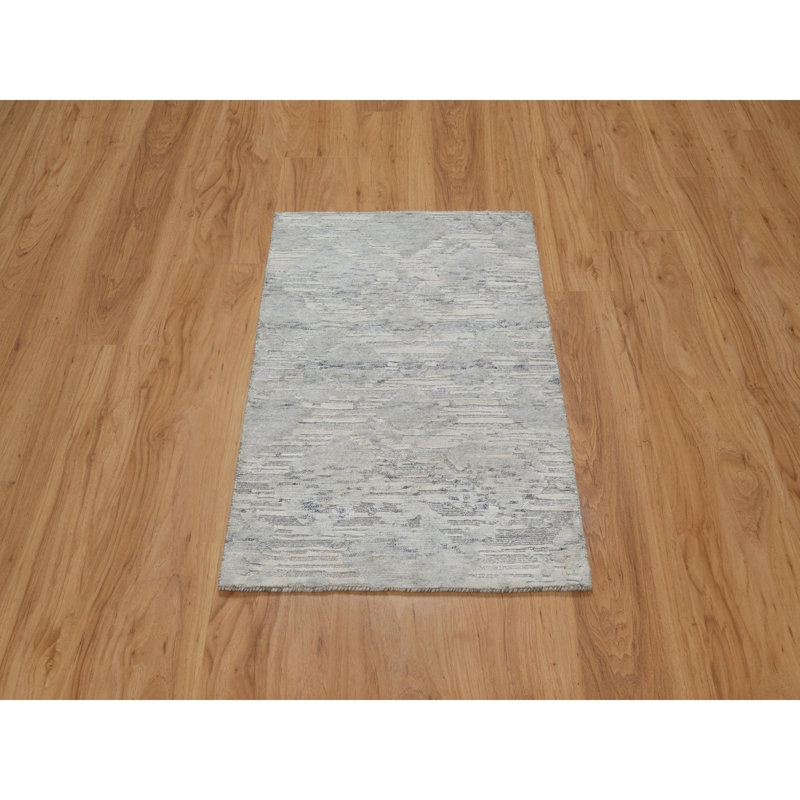 2 pi x 3 pi gris moyen, laine naturelle filée à la main, conception moderne, velours coupé et bouclé, tapis oriental noué à la main