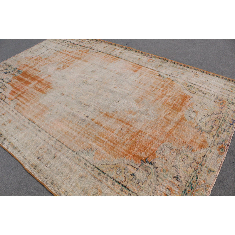 Tapis traditionnel turc orange noué à la main, idéal pour les grandes décorations de maison