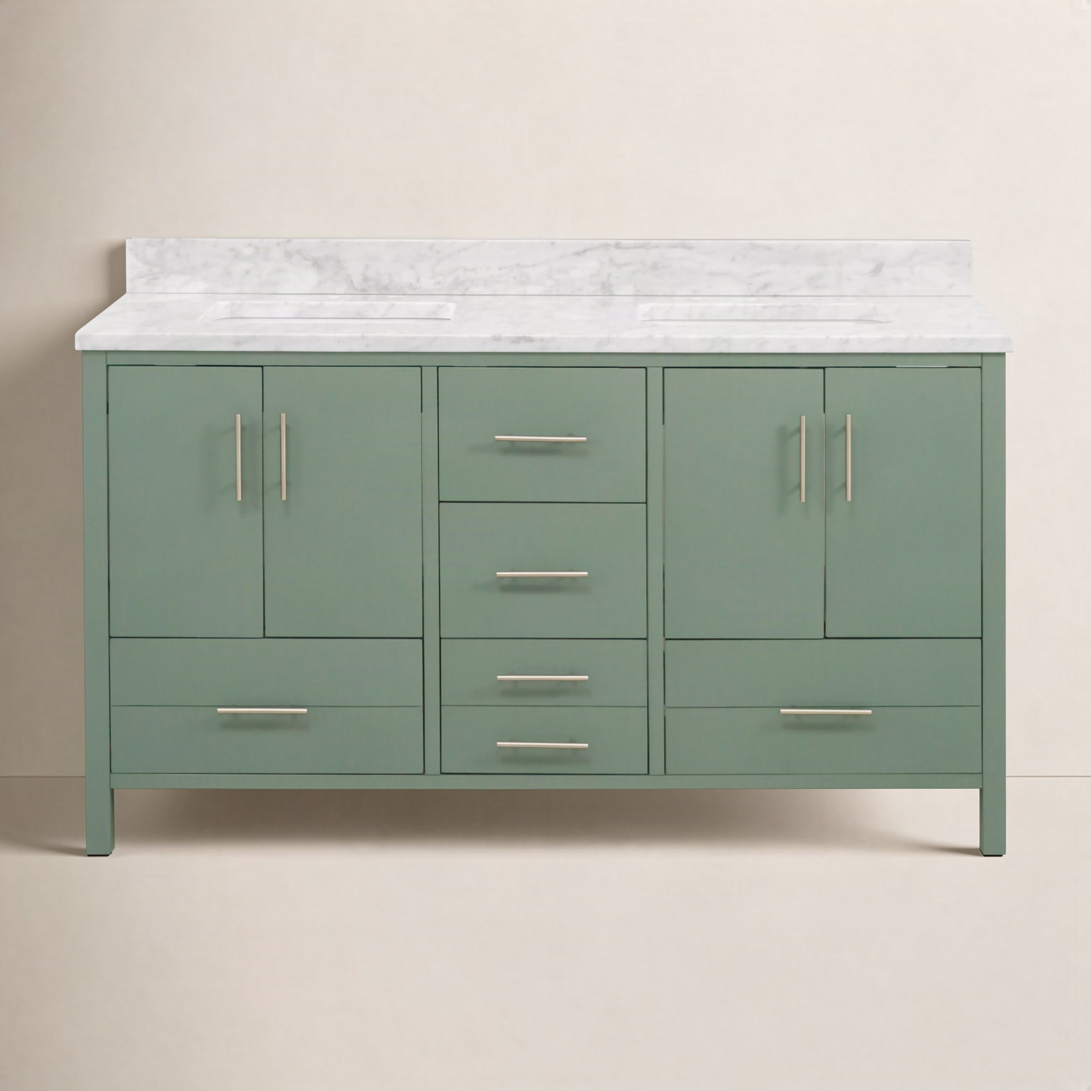 Kiara 60'' Double Bathroom Vanity, Carrara Marble, Sage Green
