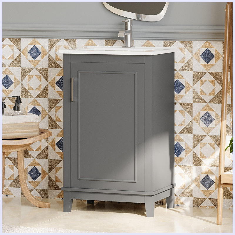 Petit meuble-lavabo moderne avec lavabo en céramique, Gris
