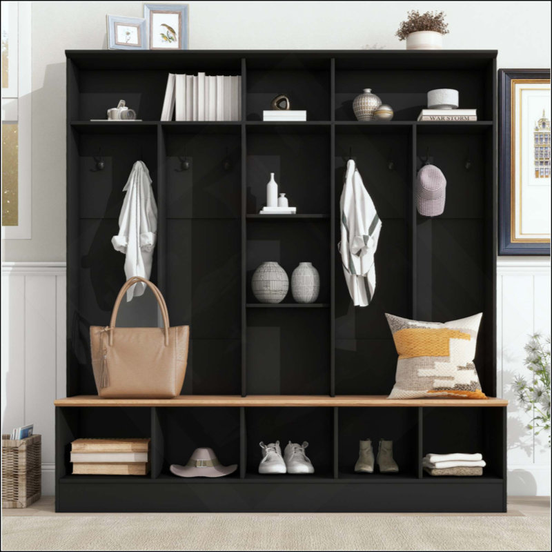 Hall Tree With Storage Bench, Minimalist Shoe Cabinet With Cube Storage & Shelves, Multifunctional Coat Rack With 8 Hooks For Entryways, Mudroom