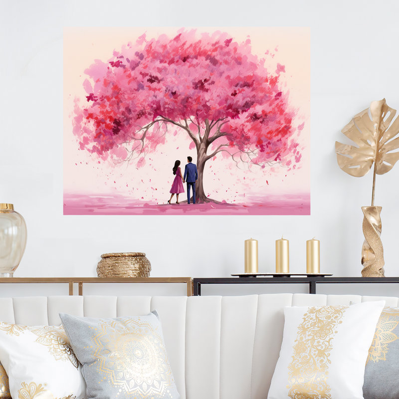 Couple romantique sous un arbre rose II - art mural romantique en métal, H 30 po x l 40 po x P 1,5 po
