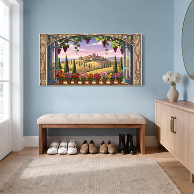 Tuscan Landscape Window View With Flowers And Grapes Canvas Wrapped Wall Art Oil Painting Print Set Of 1