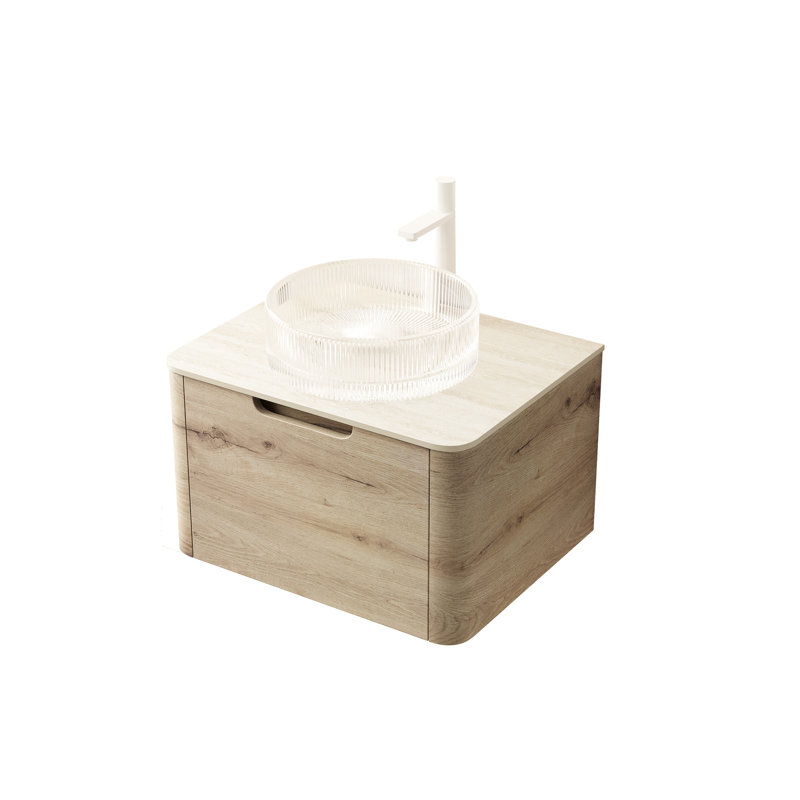 Meuble-lavabo de 24 po avec lavabo transparent en cristal, armoire à tiroirs en contreplaqué, plateau en pierre, tiroir à fermeture en douceur, cuve ronde en chêne blanc - motif pierre frittée, système, pré-assemblé, finition