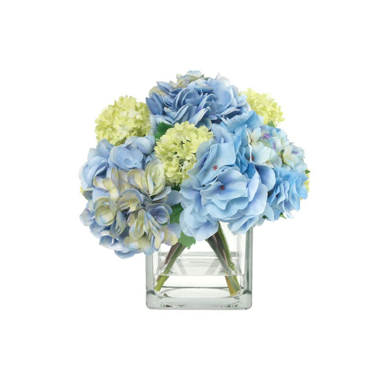 BLOOMS Blue Hydrangeas and Snowballs in Glass Cube Vase