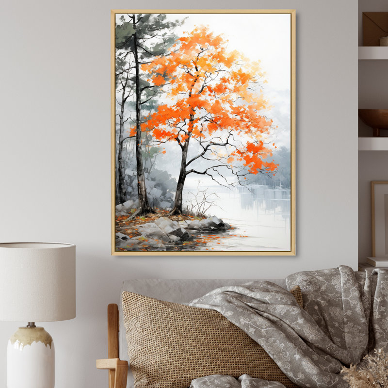 Orange et gris, forêt, automne, élégance I - art mural forêt, H 20 po x l 12 po x P 1 po, Cadre flottant érable