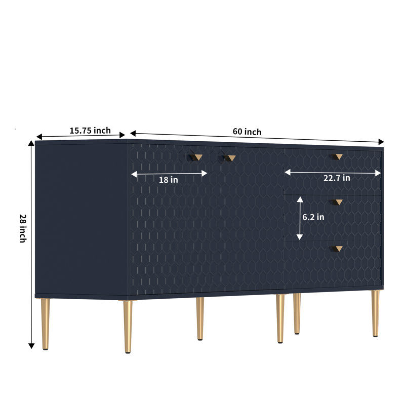Buffet 60 po avec 3 tiroirs Derrico, Bleu