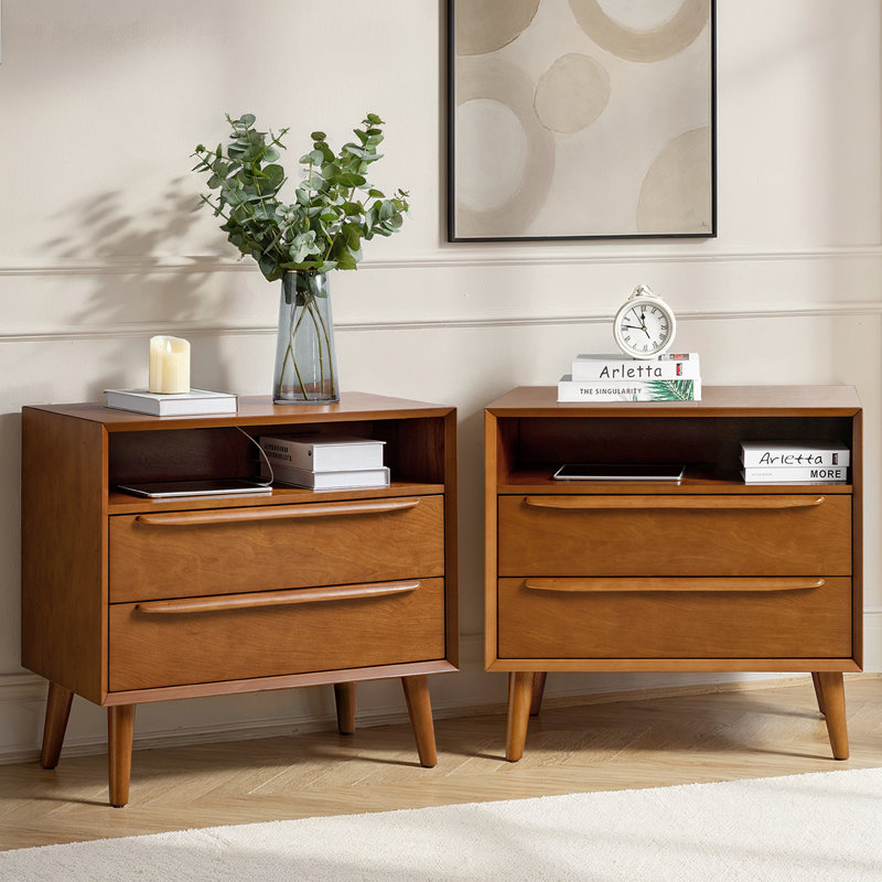 Aviannah Mid-Century Modern 2 - Drawer Nightstand With Built-In Charging Station And Legs And Open Shelf Set Of 2, Acorn